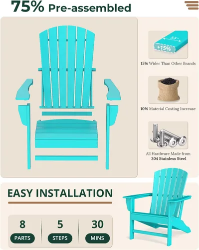 Vista 8 de BRIOPAWS - Set de 2 sillas Adirondack Silla para hoguera Tamaño grande Plástico HDPE Resistente a la intemperie para terraza, piscina al