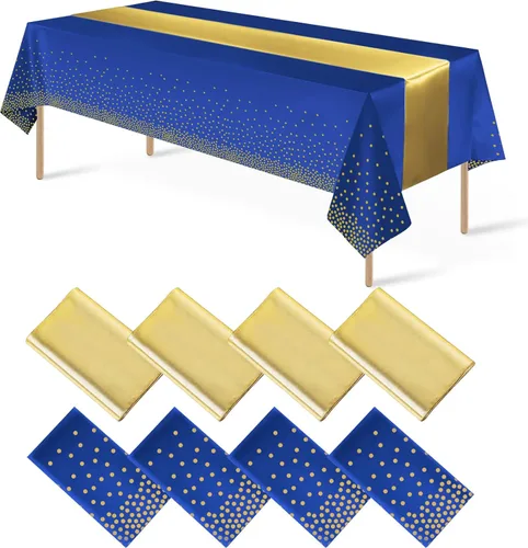 Vista 12 de 8 paquetes de manteles de plástico desechables y juego de camino de mesa de satén negro con dorado, mantel de satén dorado para graduación, boda