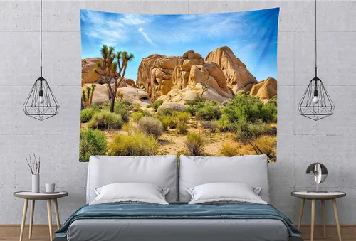 Vista 3 de BELECO Tapiz del desierto de Joshua Tree Paisaje, Parque Nacional, árboles extraños, tapiz de montañas rocosas, cielo azul, paisajes naturales
