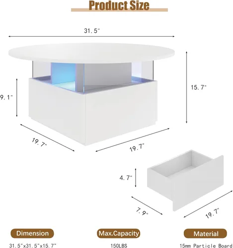 Vista 2 de HedoAjim Mesa de café redonda de 31.5" para sala de estar, mesa moderna de sala de estar con LED y almacenamiento, mesas de café cuadradas