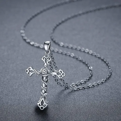 Vista 2 de Cross necklace 925 Sterling Silver Rose Crose Pendant Necklace Cross Necklace for Women (A-Rose Cross Necklace)