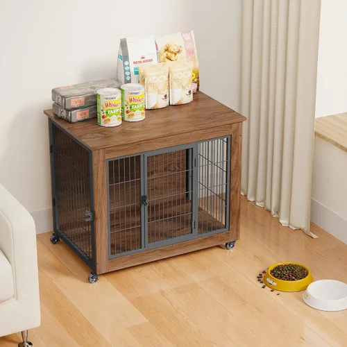 Vista 10 de Mueble de jaula para perros de 38.6 pulgadas con ruedas, mesa de madera resistente para perrera, jaula para mascotas de interior con 2 puertas, caja
