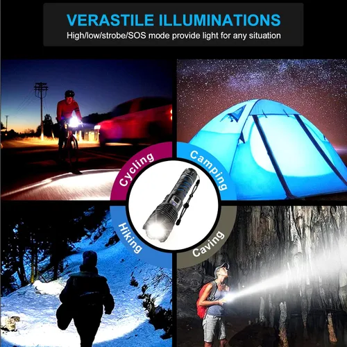 Vista 7 de Karrong Linterna recargable, linterna de haz largo de alto lúmenes, linterna potente súper brillante, 5 modos, zoomable, impermeable, luz táctica
