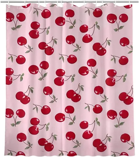 Vista 3 de KOMIKU Juego de cortina de ducha estética de frutas con diseño floral de cereza rosa, decoración de baño de frutas de verano, de poliéster, lona