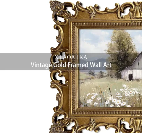 Vista 5 de XIAOAIKA Arte de pared de paisaje de granero blanco acabado a mano, impresión de escena de granja vintage con marco barroco dorado envejecido