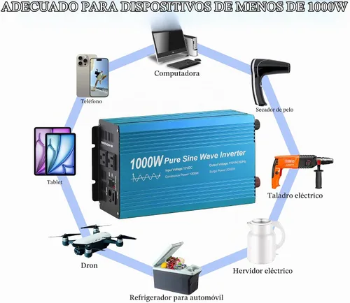 Vista 6 de Inversor de Potencia de Onda Senoidal Pura 1000W DC12V a AC 110V con enchufes duales y USB, kit con LCD y control remoto. (1000W)
