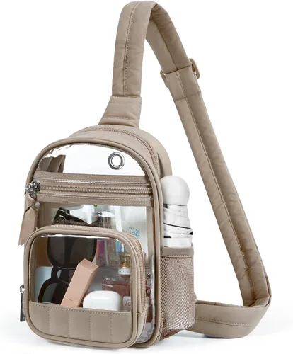 Vista 20 de Missnine Bolsa transparente para eventos de estadio, bolsa transparente tipo cangurera, bolsa cruzada para conciertos deportivos, A-caqui [simple]