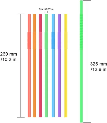 Vista 2 de 100 popotes flexibles largos de plástico coloridos. (0.23 pulgadas de diámetro y 10.2 pulgadas de largo)