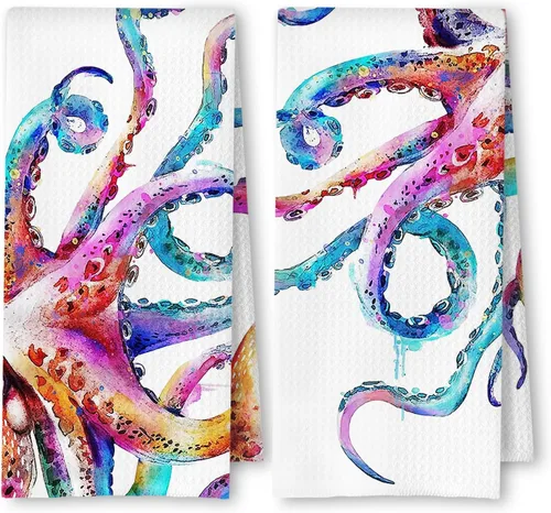 Vista 12 de Toallas de mano de playa costera con diseño de medusa, pulpo, caballito de mar y tortuga para baño, juego de 4, toallas de cocina de playa costera