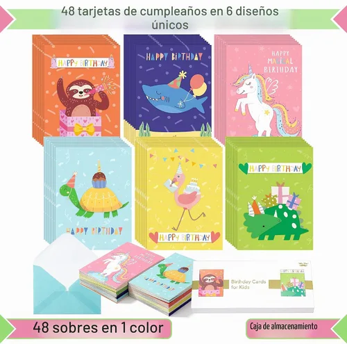 Vista 2 de Mr. Pen - Tarjetas de feliz cumpleaños para niños, 3.75 x 5.2 pulgadas, paquete de 48 con sobres, 6 diseños de animales coloridos, tarjeta
