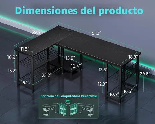 Vista 3 de Casaottima Escritorio para juegos en forma de L de 51 pulgadas con estantes y tomas de corriente, escritorio reversible para computadora