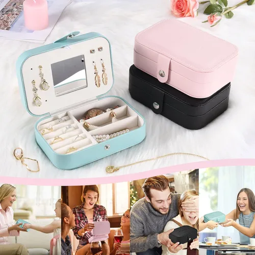 Vista 6 de AONCO Joyero, caja de almacenamiento portátil de joyería de viaje, caja de joyería pequeña para mujer, caja de almacenamiento de aretes con espejo