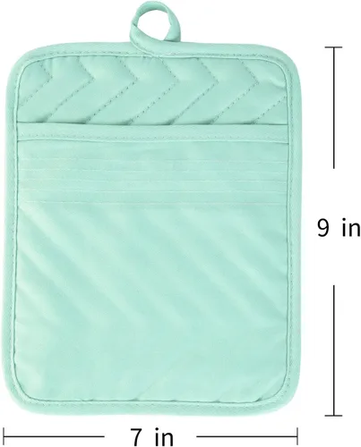 Vista 7 de Anyi Juego de soportes para ollas y guantes de horno de 7 x 9 pulgadas, resistentes al calor, de algodón, con bolsillo para ollas, características