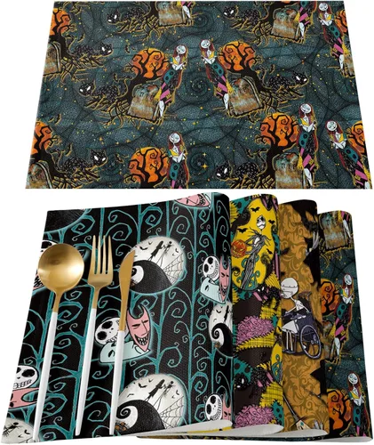 Vista 8 de Juego de 4 manteles individuales de Halloween, con temática de pesadilla, resistentes al calor, lavables, para cocina, mesa de comedor, manteles