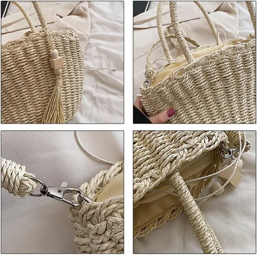 Vista 7 de Bolsos de paja para mujer, para verano, playa, tejido de ratán, con borla, para mujer