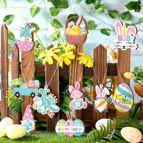 Vista 7 de Chunful 30 adornos de Pascua para árbol, feliz Pascua, adornos colgantes de madera, huevos de primavera pastel, zanahoria, conejo, cesta de árbol