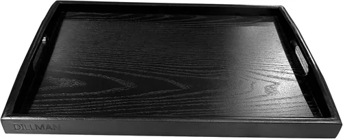 Vista 2 de DILLMAN Bandeja de servir grande rectangular de madera negra bandeja de comida bandeja de mayordomo bandeja de desayuno con asas (pequeña)