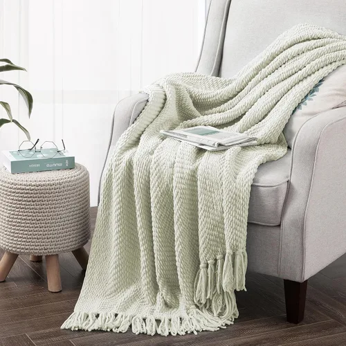 Vista 22 de Manta de punto suave con textura para sofá, manta de tweed crema con borlas de flecos para decoración del hogar, cama, sofá, silla, 50 x 60 Blanco