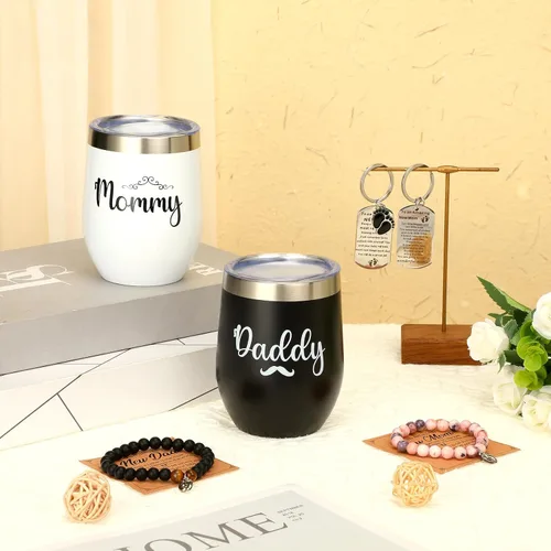 Vista 6 de Mifoci Regalos para nuevas mamás para embarazo, mujeres, nuevos padres, incluye juego de vasos para mamá y papá, llavero y pulsera de cuentas