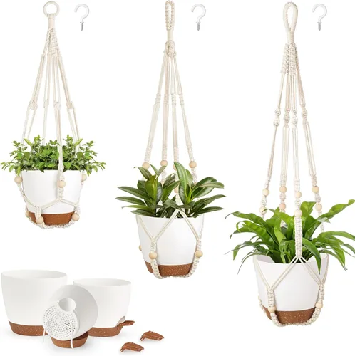 Vista 6 de Mkono - Macetas colgantes, perchas de macramé con macetas auto-regantes. Juego de 3 cestas colgantes para interiores, soportes para macetas