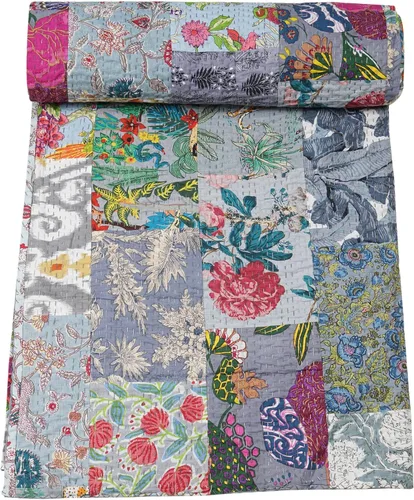 Vista 28 de Marubhumi Colchas hechas a mano tradicional de algodón puro con estampado de cachemira Kantha, funda de cama reversible con estampado de cachemira