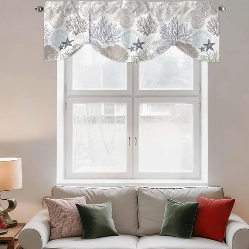 Vista 9 de Cenefa de amarre para ventanas, cortinas náuticas costeras de coral, cenefas con bolsillo para barra, cortinas de ventana con temática de playa
