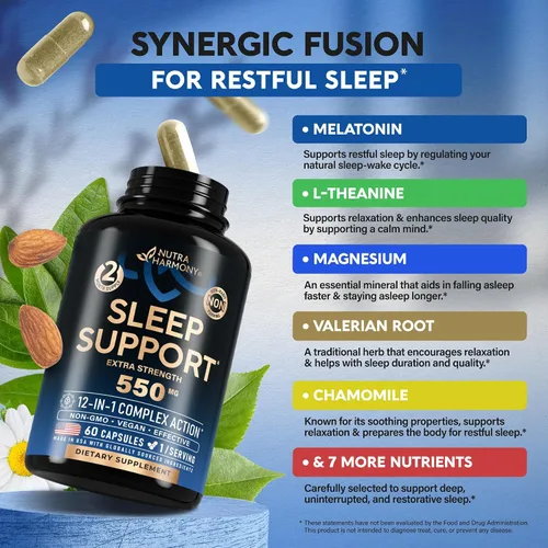 Vista 4 de Pastillas para dormir para adultos de 550 mg - Melatonina 3 mg Raíz de valeriana para dormir L-teanina Magnesio - Suplemento natural