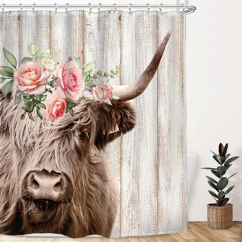 Vista 9 de Highland Cow Farmhouse - Cortina de ducha rústica con diseño de toro, 60 pulgadas de ancho x 72 pulgadas de largo Country Western - Juego