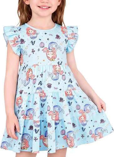 Vista 24 de Vestido casual para niñas, de algodón suave, manga corta, transpirable, acampanado, para adolescentes, talla 2T, 3T, 4T, 5, 6, 7, 8, 9, 10, 12, 13