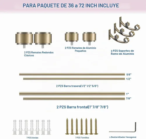 Vista 5 de Barras de cortina dobles con soportes de aluminio y remates, barras de cortina de bronce antiguo para ventanas de 36 a 72 pulgadas, 1 pulgada