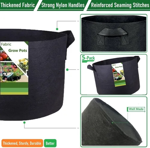 Vista 6 de Paquete de 5 bolsas gruesas de 1 galón para vivero, bolsas de cultivo de plantas (7 x 6 pulgadas), macetas de tela para macetas, bolsa de jardín