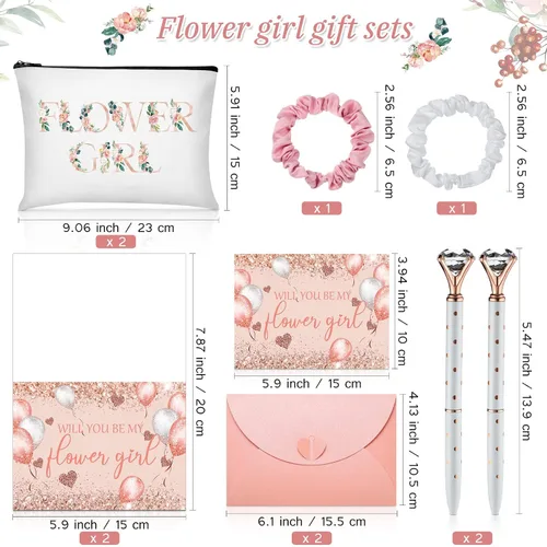 Vista 3 de Eccliy Juego de 12 piezas de regalo de propuesta de niña de las flores, bolsa de cosméticos, tocado de niña de las flores, scrunchies de satén