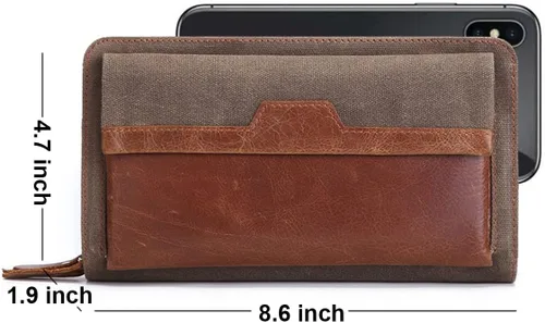 Vista 8 de SUMGOGO Billeteras para hombres y mujeres, bolso de mano para teléfono y tarjeteros, bolso vintage de lona de cuero auténtico, doble bolsillo