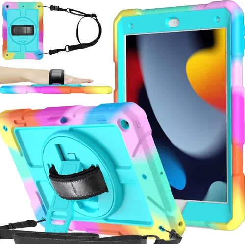 Vista 17 de BMOUO Funda para iPad de 9ª/8ª/7ª generación de 10.2", a prueba de golpes con soporte giratorio de 360°, correa de hombro y mano, funda para iPad