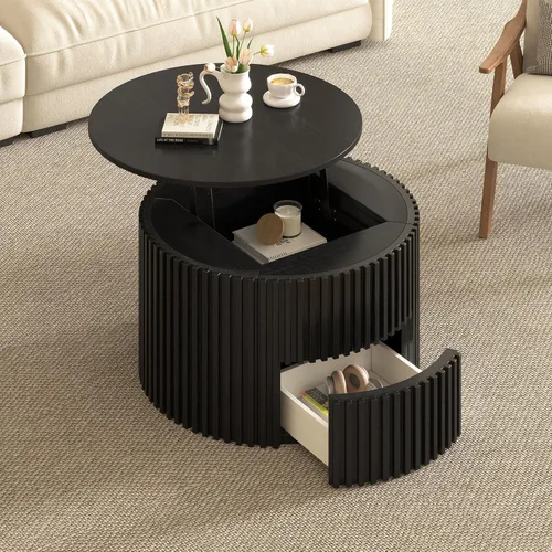 Vista 26 de Mesa auxiliar elevable con almacenamiento, moderna mesa central de 42 pulgadas con tres paneles de almacenamiento ocultos y estriados, elevación