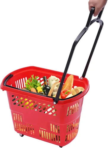 Vista 10 de Carritos de compras de plástico, 6 cestas de compras con ruedas, carrito de compras de 35 l con asas, cesta de compras portátil en supermercados