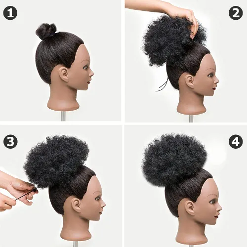 Vista 5 de MOONSHOW Extensión de cola de caballo afro con cordón para mujeres negras, extensión de moño corto afro rizado, extensiones de cabello sintético