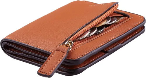 Vista 28 de Toughergun Cartera pequeña de cuero delgada para mujer con protección RFID, mini monedero bifold compacto con ventana de identificación transparente