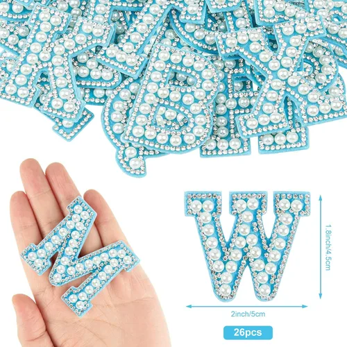 Vista 2 de Morcheiong 26 piezas de parches de letras con diamantes de imitación de perlas autoadhesivas A-Z, parches de letras de perlas para pegar en ropa