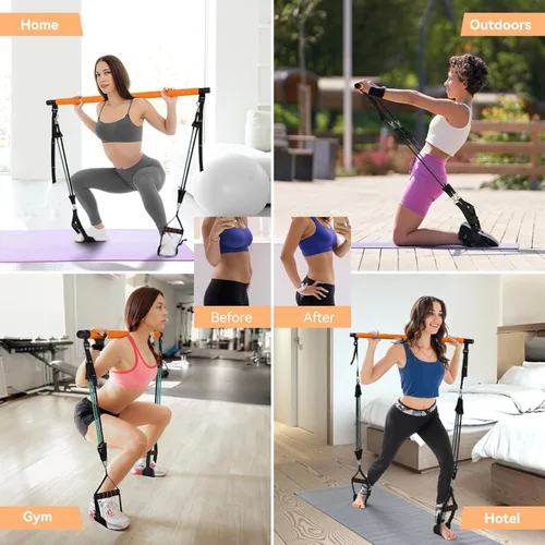 Vista 7 de Hommie Kit de barra de pilates portátil con bandas de resistencia para hombres y mujeres, barra de pilates mejorada de 3 secciones con bandas