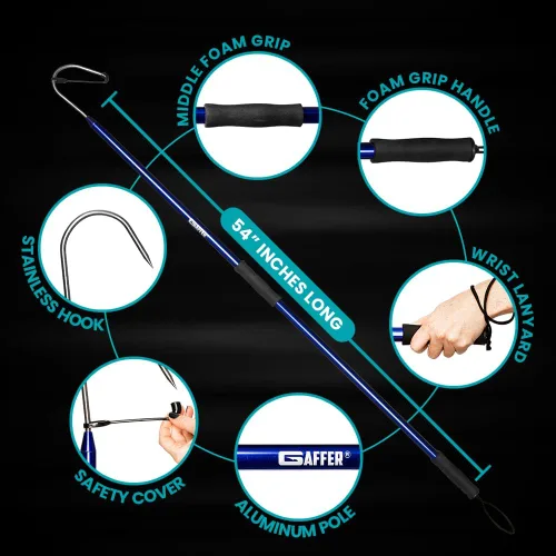 Vista 8 de GAFFER SPORTFISHING Aluminum Fish Gaff Hook Lightweight Fishing Pole with Sharp Stainless Steel Spear Hook Ergonomic Foam Grips, Secure Lanyard