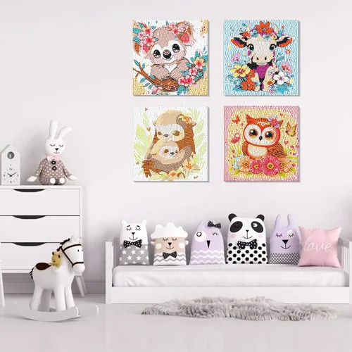 Vista 2 de Paquete de 4 kits de arte de diamantes para niños y adultos principiantes, kits de pintura de diamantes de dibujos animados 5D para niños, kits