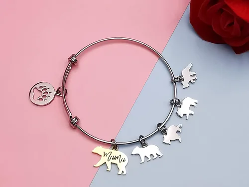Vista 2 de Veeshy Pulseras con dijes de mamá oso con 1, 2, 3, 4 cachorros para mujer, Acero inoxidable, Acero inoxidable