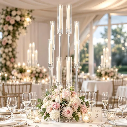 Vista 23 de Portavelas transparentes de 8 brazos para decoración de boda, candelabro alto de acrílico con pantalla para eventos del día de San Valentín, fiesta