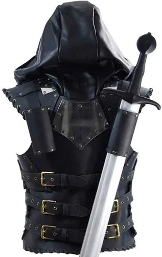 Vista 3 de Peto medieval de cuero con capucha Cosplay y disfraz LARP Negro