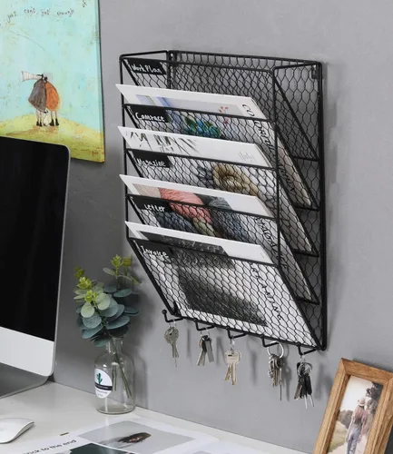 Vista 5 de Soporte de pared PAG para archivos, organizador de correo, metal, alambre de gallinero, soporte para pared, 3 niveles