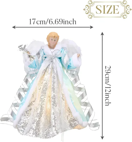 Vista 3 de Valery Madelyn - Decoración iluminada para árbol de Navidad con ángel con temporizador, decoración de ángel pequeño de 12 pulgadas de tela azul