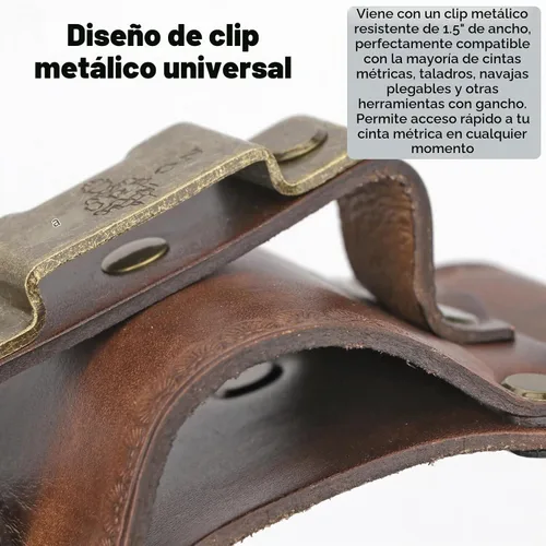 Vista 4 de TOURBON Funda de cuero para herramientas con soporte para martillo, cinta métrica y lápiz para cinturón de herramientas (Marrón Vintage)