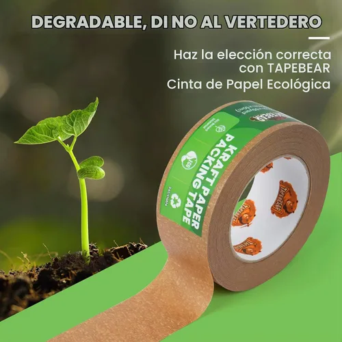 Vista 2 de TAPEBEAR Cinta de papel kraft ecológica, cinta de embalaje biodegradable resistente de 2 pulgadas x 55 yardas, cinta de embalaje reciclable