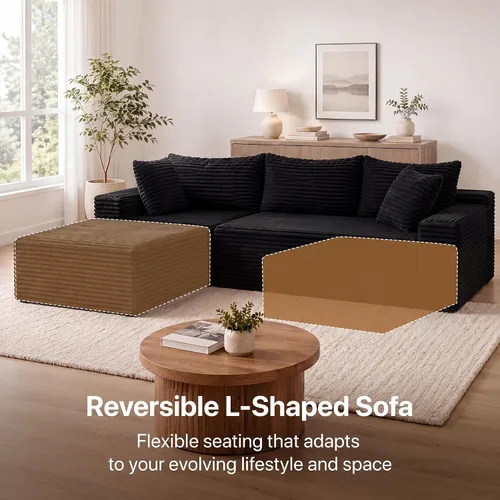 Vista 7 de Claiks Sofá modular de pana de 104 pulgadas sin hueso, asiento profundo de sofá modular de pana, no requiere montaje, color negro